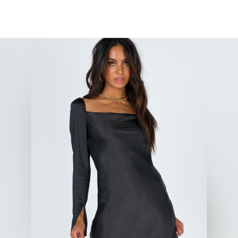 Princess Polly Satin Black Long Bell Sleeve Cowl‎ Neck Fit and Flare Mini Dress - Picture 4 of 8